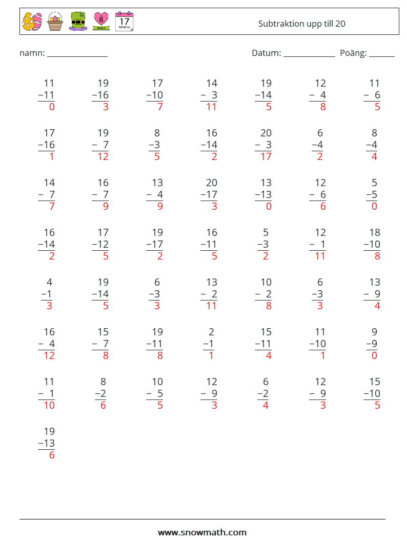 (50) Subtraktion upp till 20 Matematiska arbetsblad 8 Fråga, svar