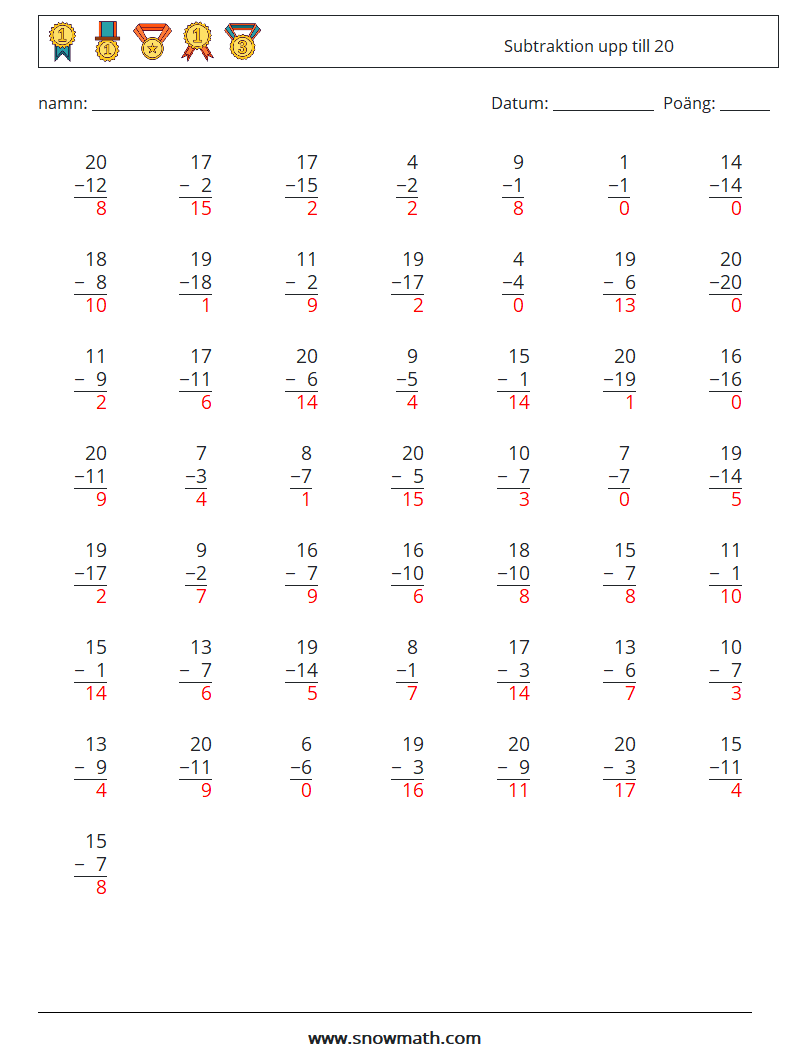 (50) Subtraktion upp till 20 Matematiska arbetsblad 9 Fråga, svar