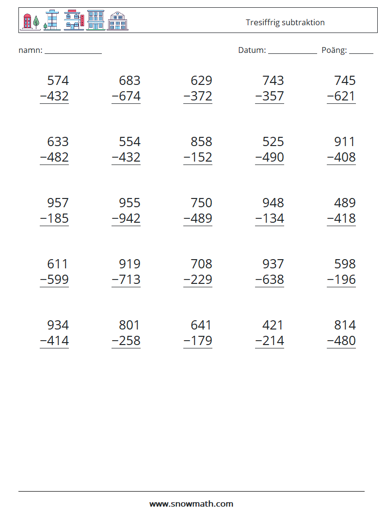 (25) Tresiffrig subtraktion Matematiska arbetsblad 1