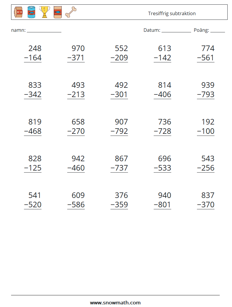 (25) Tresiffrig subtraktion Matematiska arbetsblad 11