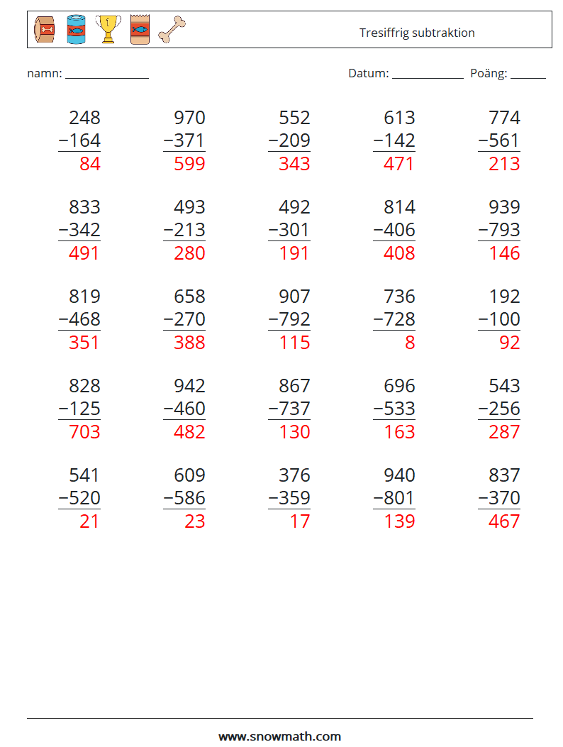 (25) Tresiffrig subtraktion Matematiska arbetsblad 11 Fråga, svar