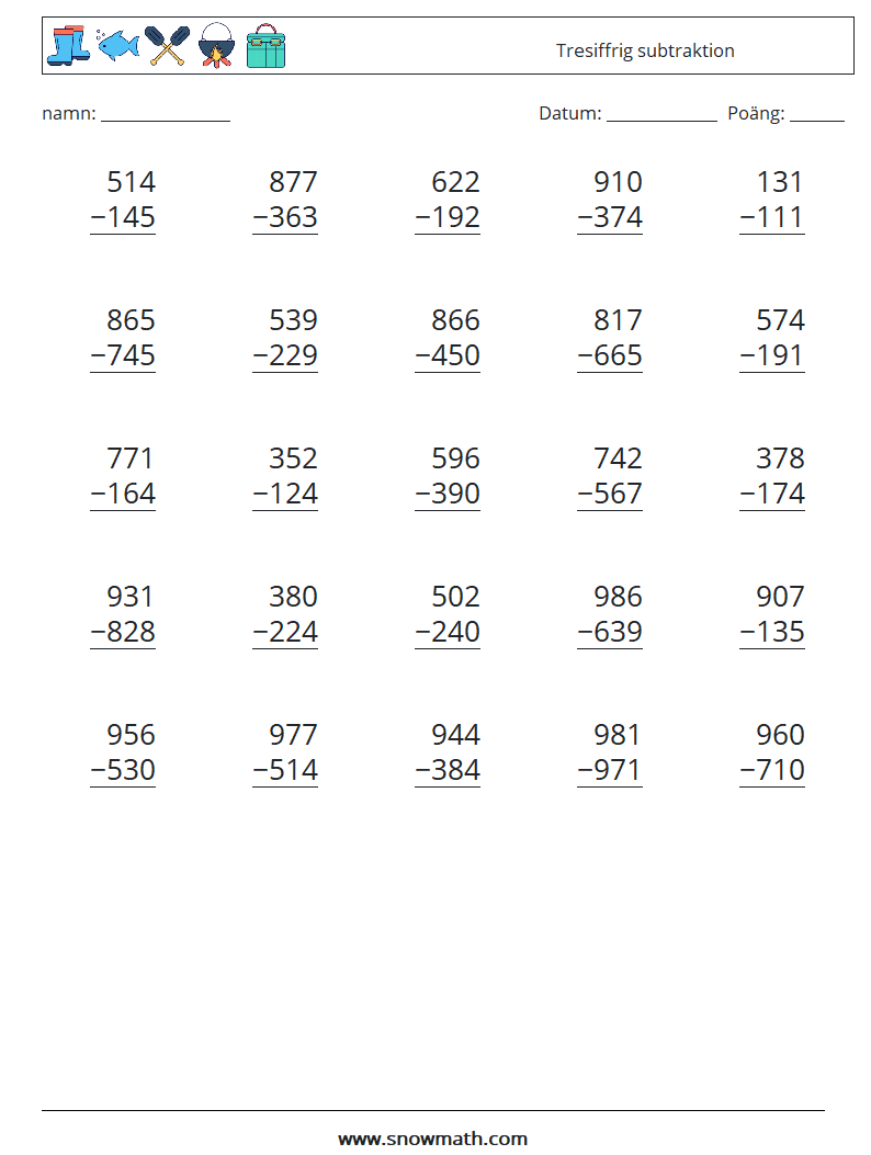 (25) Tresiffrig subtraktion Matematiska arbetsblad 12