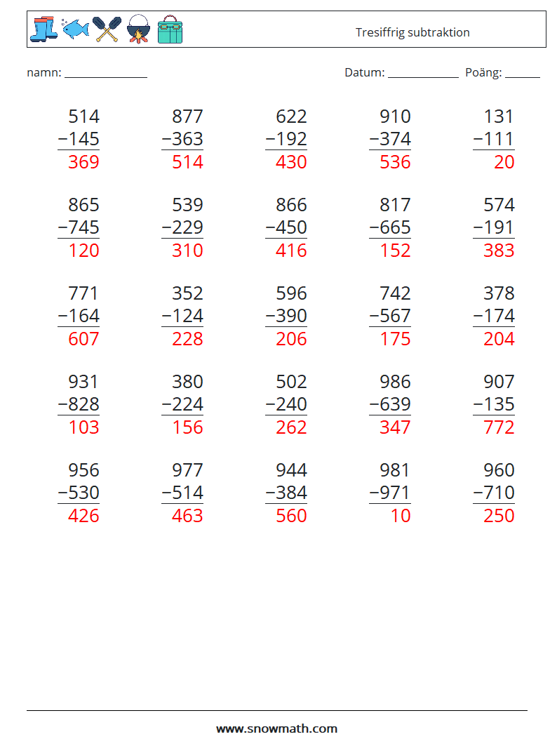 (25) Tresiffrig subtraktion Matematiska arbetsblad 12 Fråga, svar