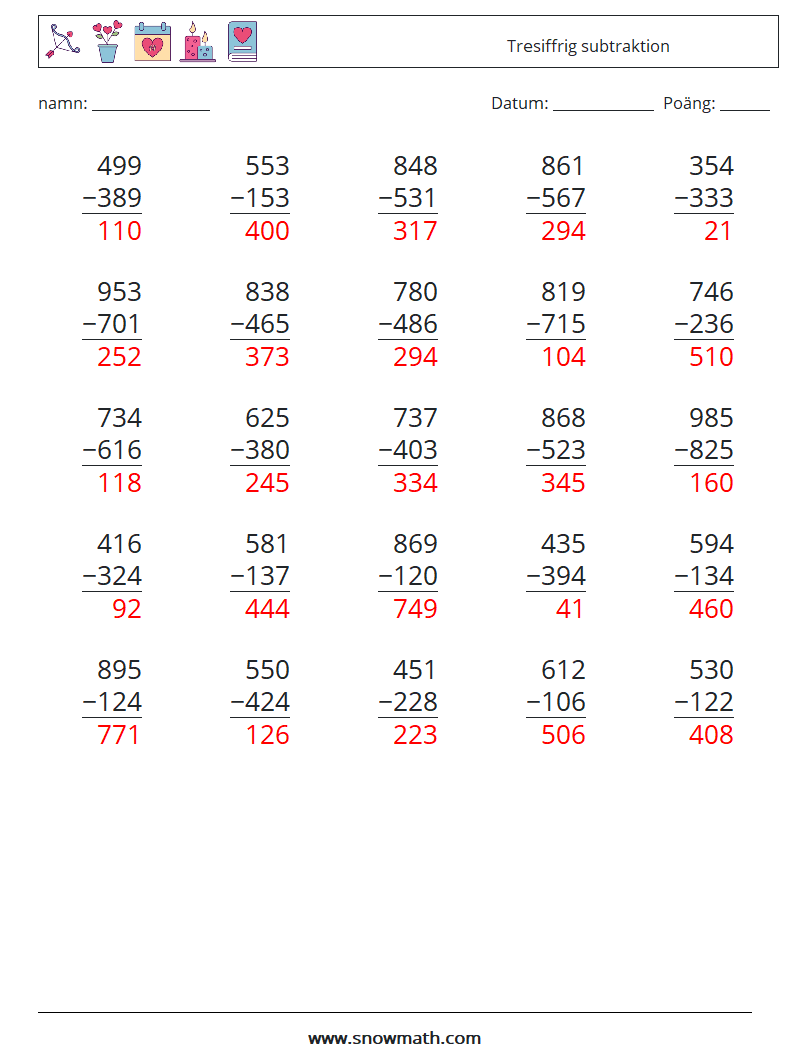 (25) Tresiffrig subtraktion Matematiska arbetsblad 13 Fråga, svar