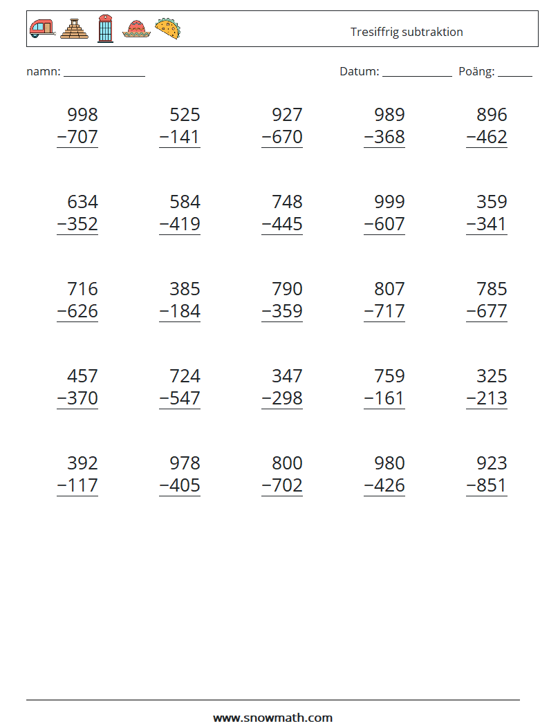 (25) Tresiffrig subtraktion Matematiska arbetsblad 14