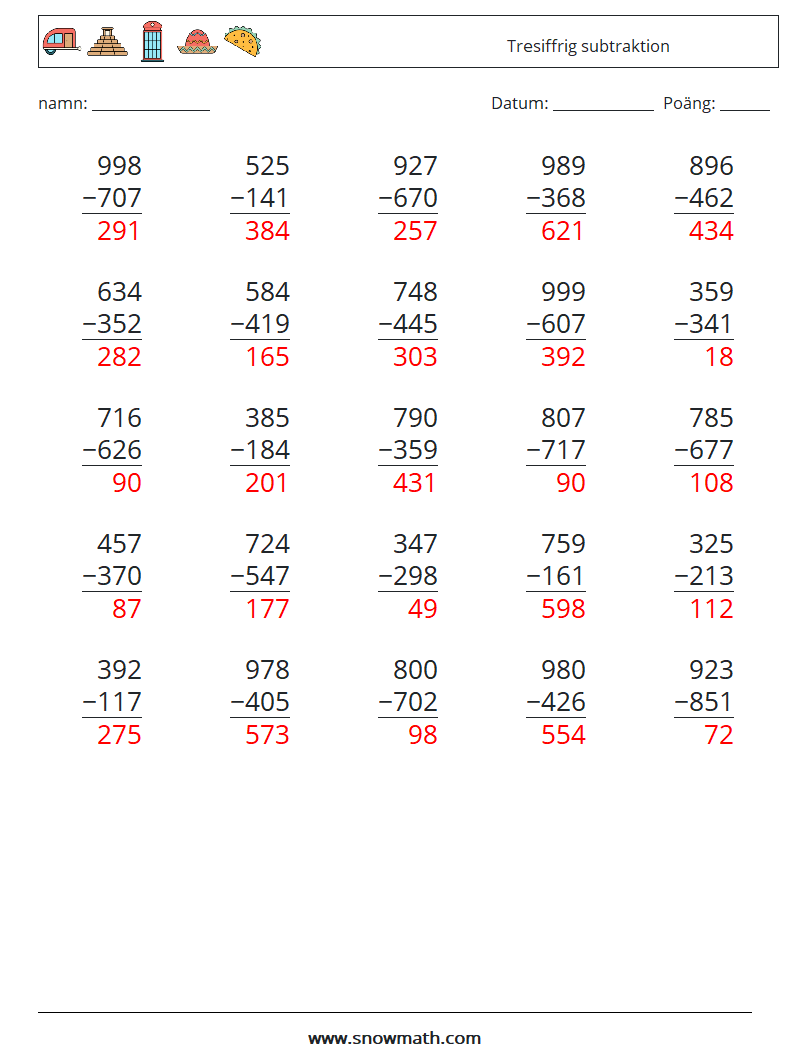 (25) Tresiffrig subtraktion Matematiska arbetsblad 14 Fråga, svar