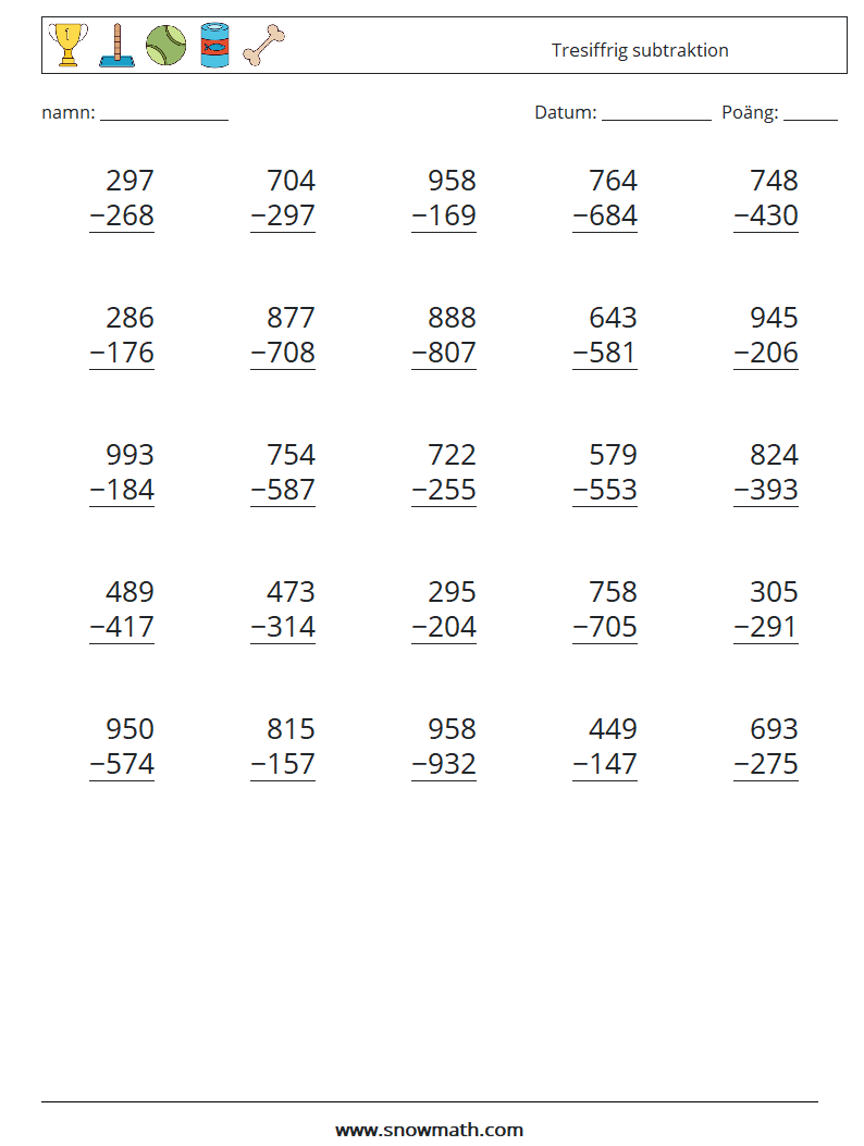 (25) Tresiffrig subtraktion Matematiska arbetsblad 15