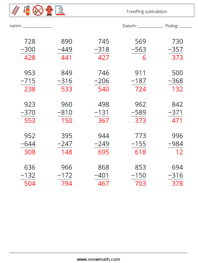 (25) Tresiffrig subtraktion Matematiska arbetsblad 16 Fråga, svar