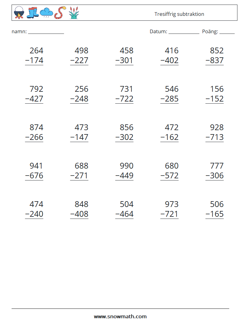 (25) Tresiffrig subtraktion Matematiska arbetsblad 17