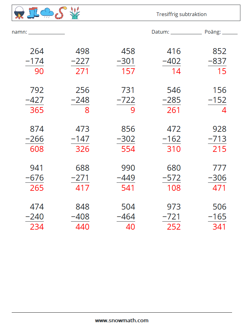 (25) Tresiffrig subtraktion Matematiska arbetsblad 17 Fråga, svar