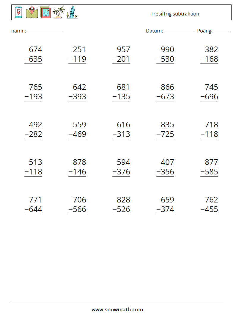 (25) Tresiffrig subtraktion Matematiska arbetsblad 18