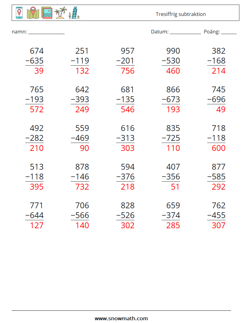 (25) Tresiffrig subtraktion Matematiska arbetsblad 18 Fråga, svar