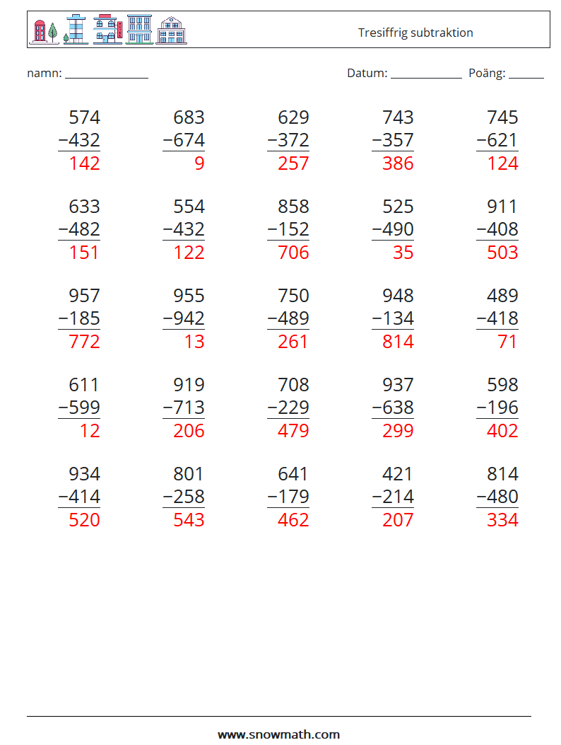 (25) Tresiffrig subtraktion Matematiska arbetsblad 1 Fråga, svar