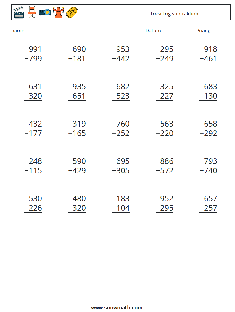 (25) Tresiffrig subtraktion Matematiska arbetsblad 2