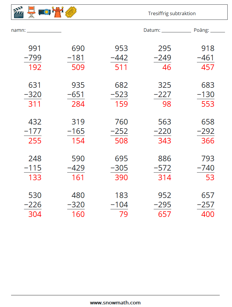 (25) Tresiffrig subtraktion Matematiska arbetsblad 2 Fråga, svar