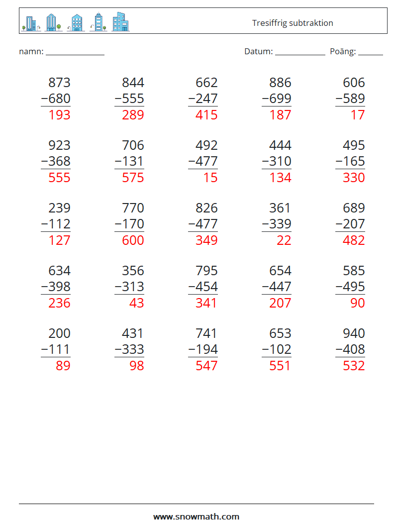 (25) Tresiffrig subtraktion Matematiska arbetsblad 3 Fråga, svar