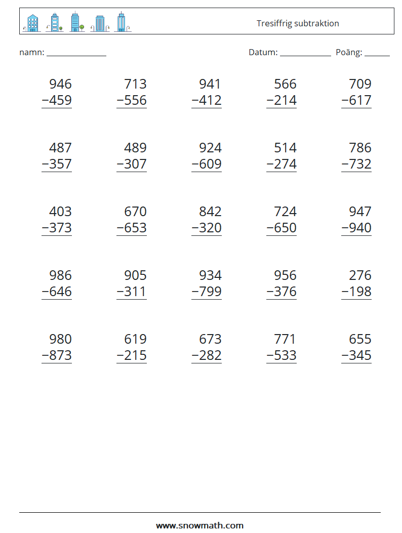 (25) Tresiffrig subtraktion Matematiska arbetsblad 4