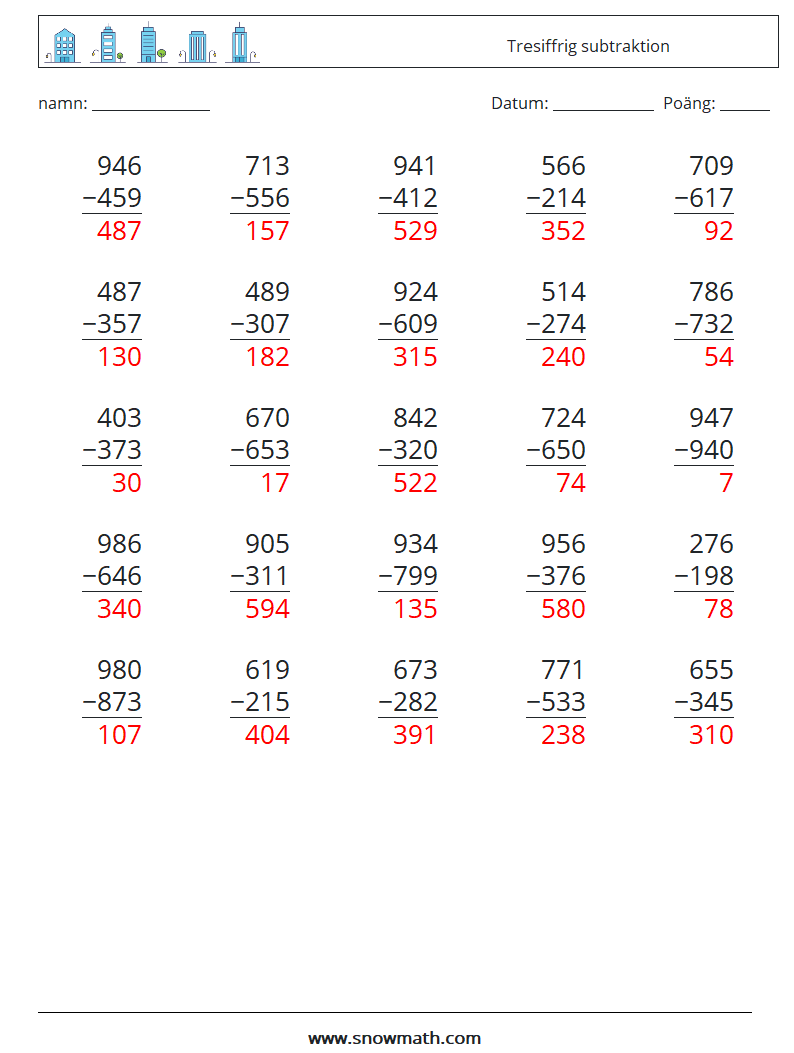 (25) Tresiffrig subtraktion Matematiska arbetsblad 4 Fråga, svar