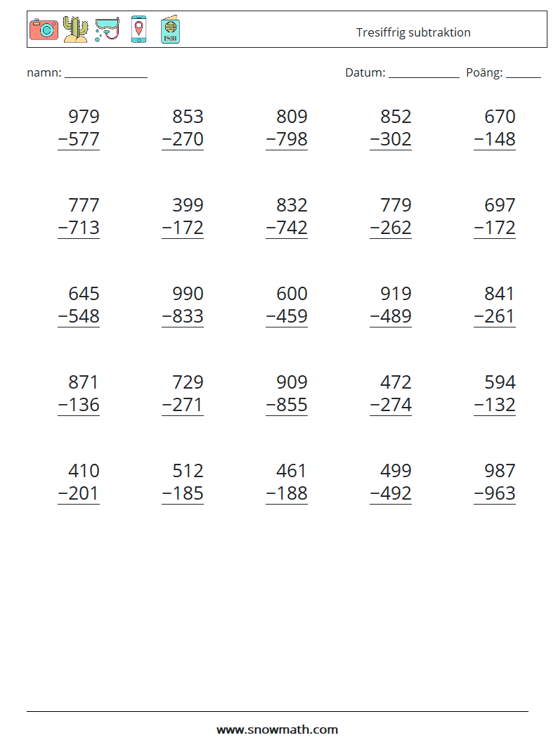 (25) Tresiffrig subtraktion Matematiska arbetsblad 5