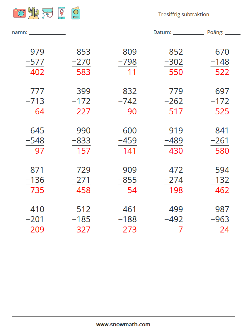 (25) Tresiffrig subtraktion Matematiska arbetsblad 5 Fråga, svar