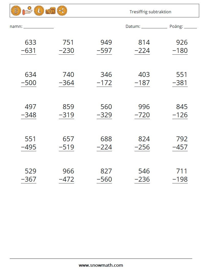 (25) Tresiffrig subtraktion Matematiska arbetsblad 6