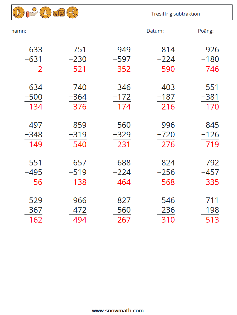 (25) Tresiffrig subtraktion Matematiska arbetsblad 6 Fråga, svar