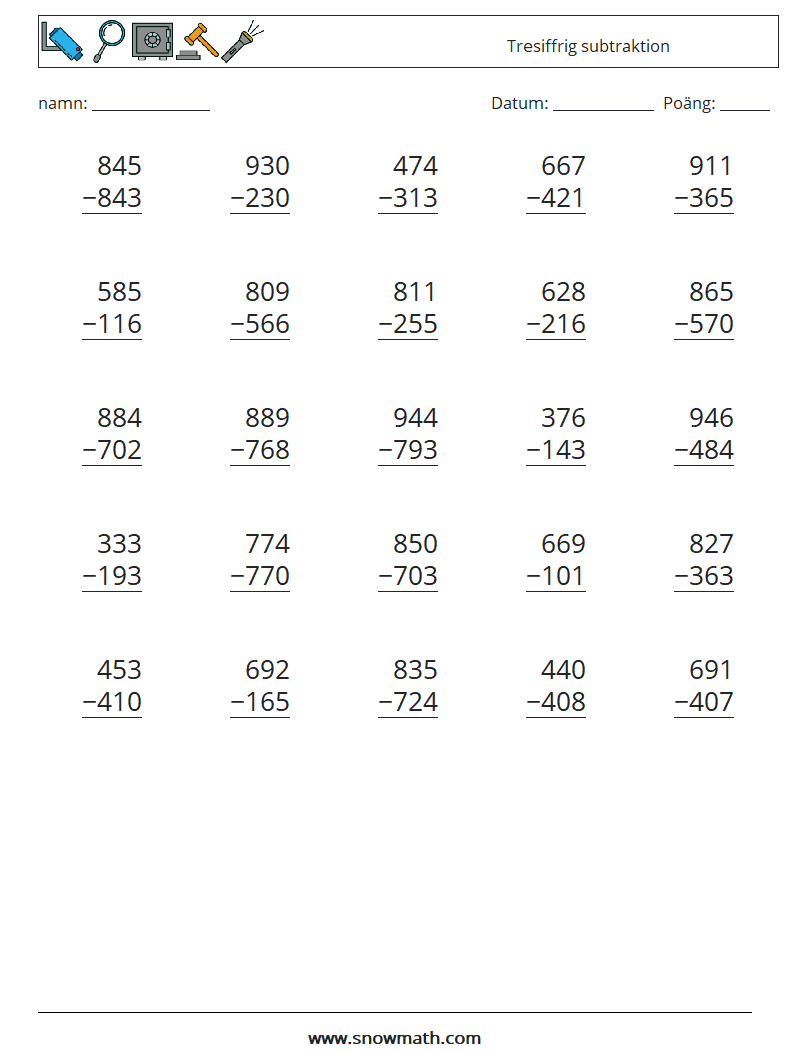 (25) Tresiffrig subtraktion Matematiska arbetsblad 7