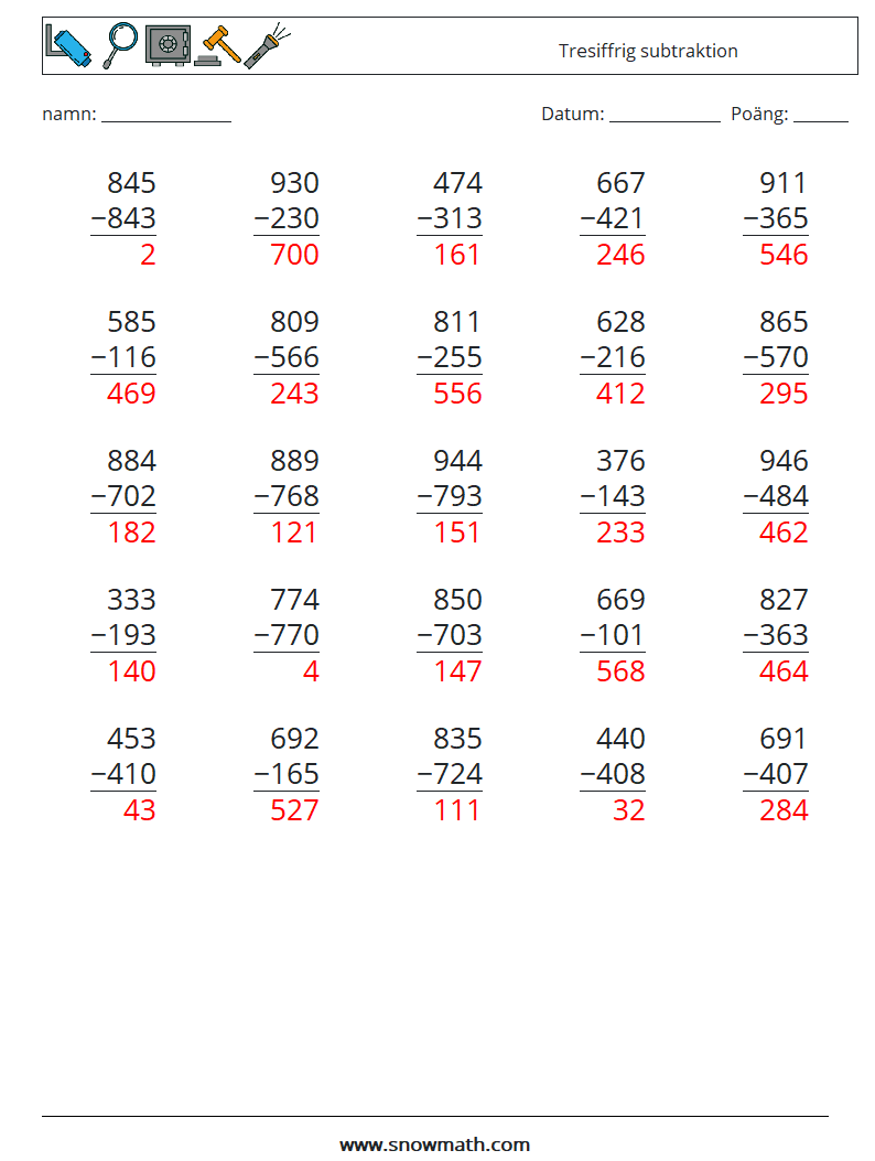 (25) Tresiffrig subtraktion Matematiska arbetsblad 7 Fråga, svar