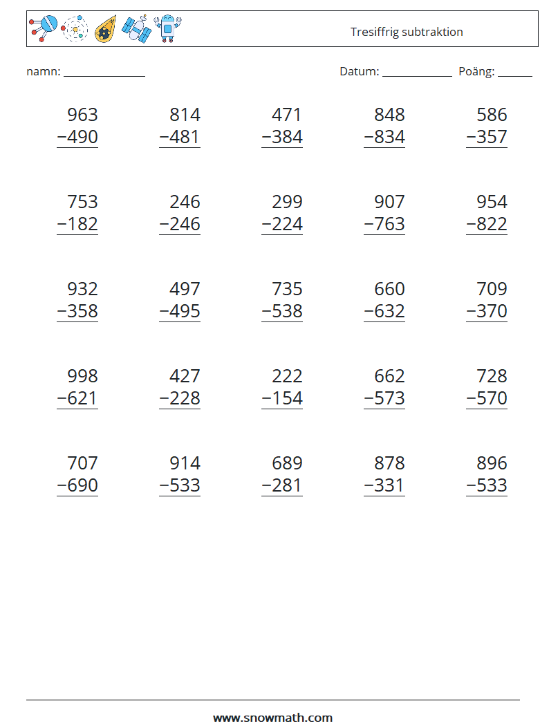 (25) Tresiffrig subtraktion Matematiska arbetsblad 8