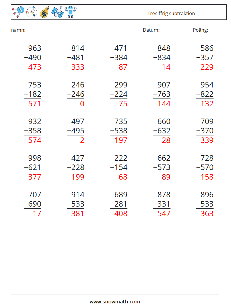 (25) Tresiffrig subtraktion Matematiska arbetsblad 8 Fråga, svar