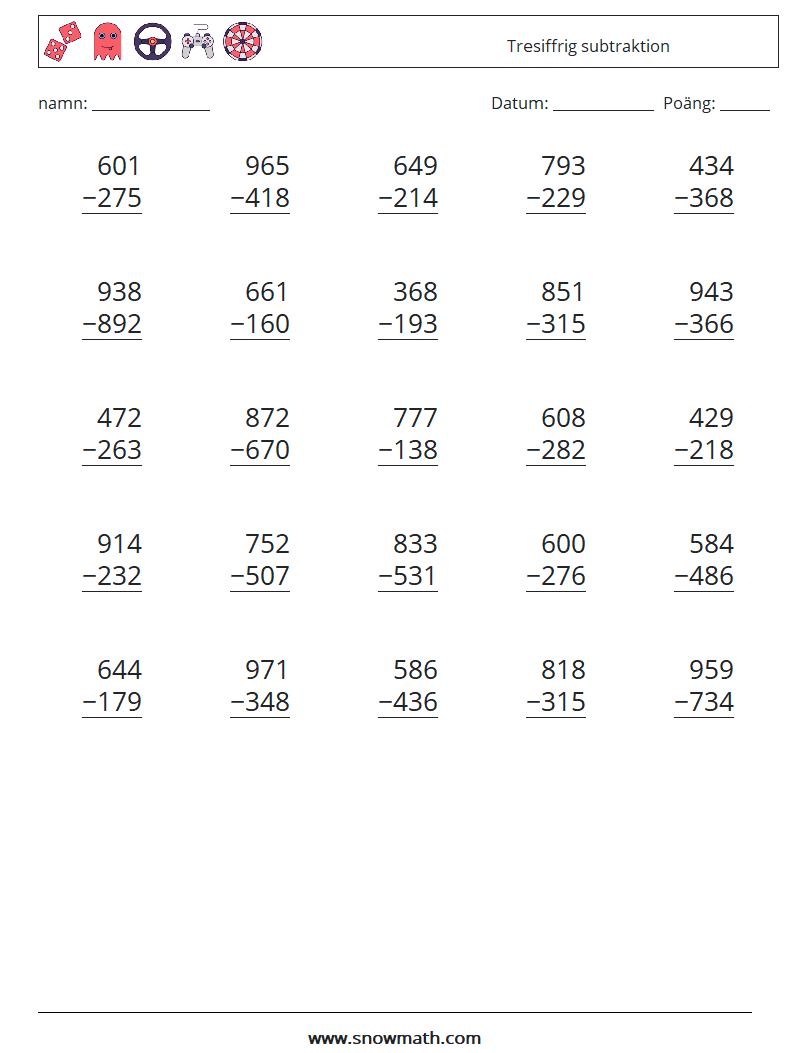 (25) Tresiffrig subtraktion Matematiska arbetsblad 9