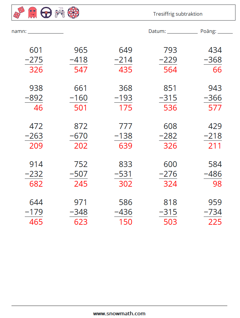 (25) Tresiffrig subtraktion Matematiska arbetsblad 9 Fråga, svar