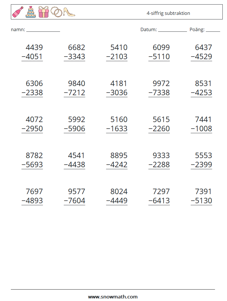 (25) 4-siffrig subtraktion Matematiska arbetsblad 1