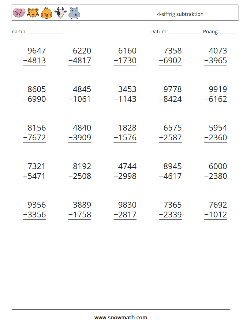 (25) 4-siffrig subtraktion Matematiska arbetsblad 10