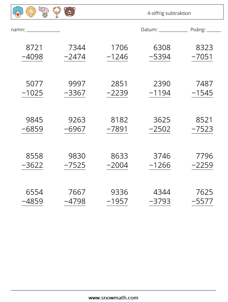 (25) 4-siffrig subtraktion Matematiska arbetsblad 11