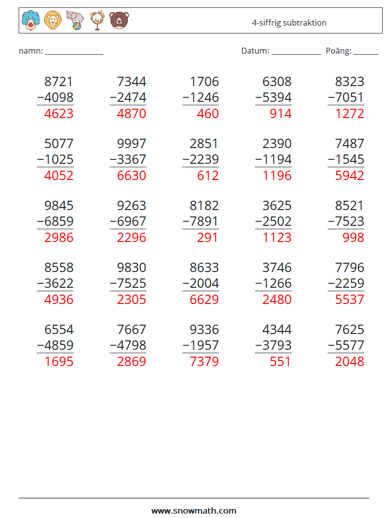 (25) 4-siffrig subtraktion Matematiska arbetsblad 11 Fråga, svar