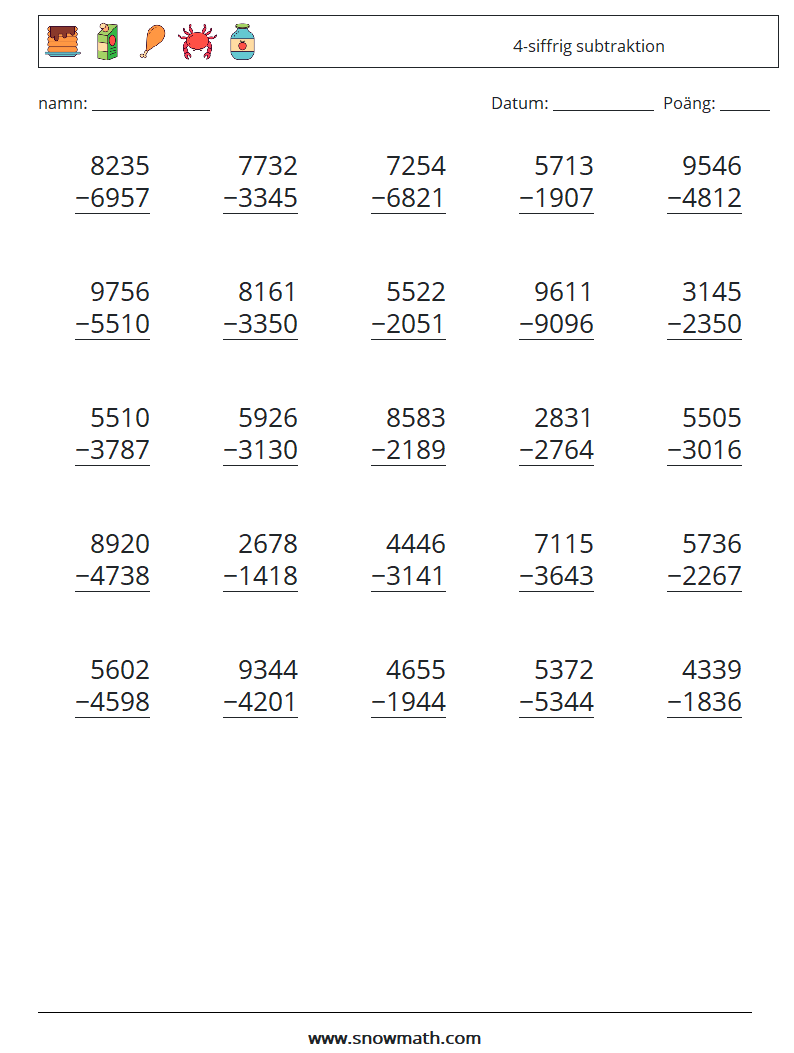 (25) 4-siffrig subtraktion Matematiska arbetsblad 12