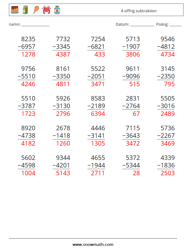 (25) 4-siffrig subtraktion Matematiska arbetsblad 12 Fråga, svar