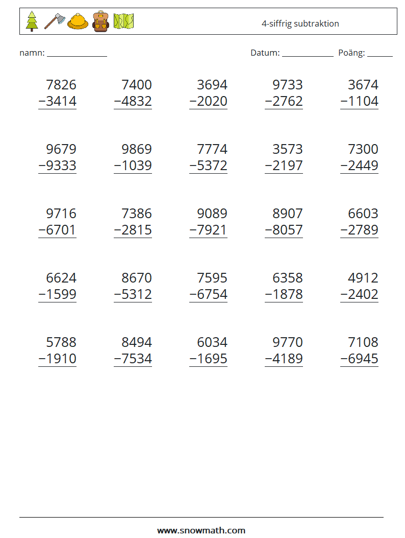 (25) 4-siffrig subtraktion Matematiska arbetsblad 13