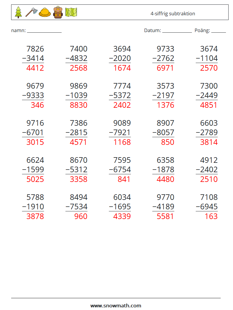 (25) 4-siffrig subtraktion Matematiska arbetsblad 13 Fråga, svar