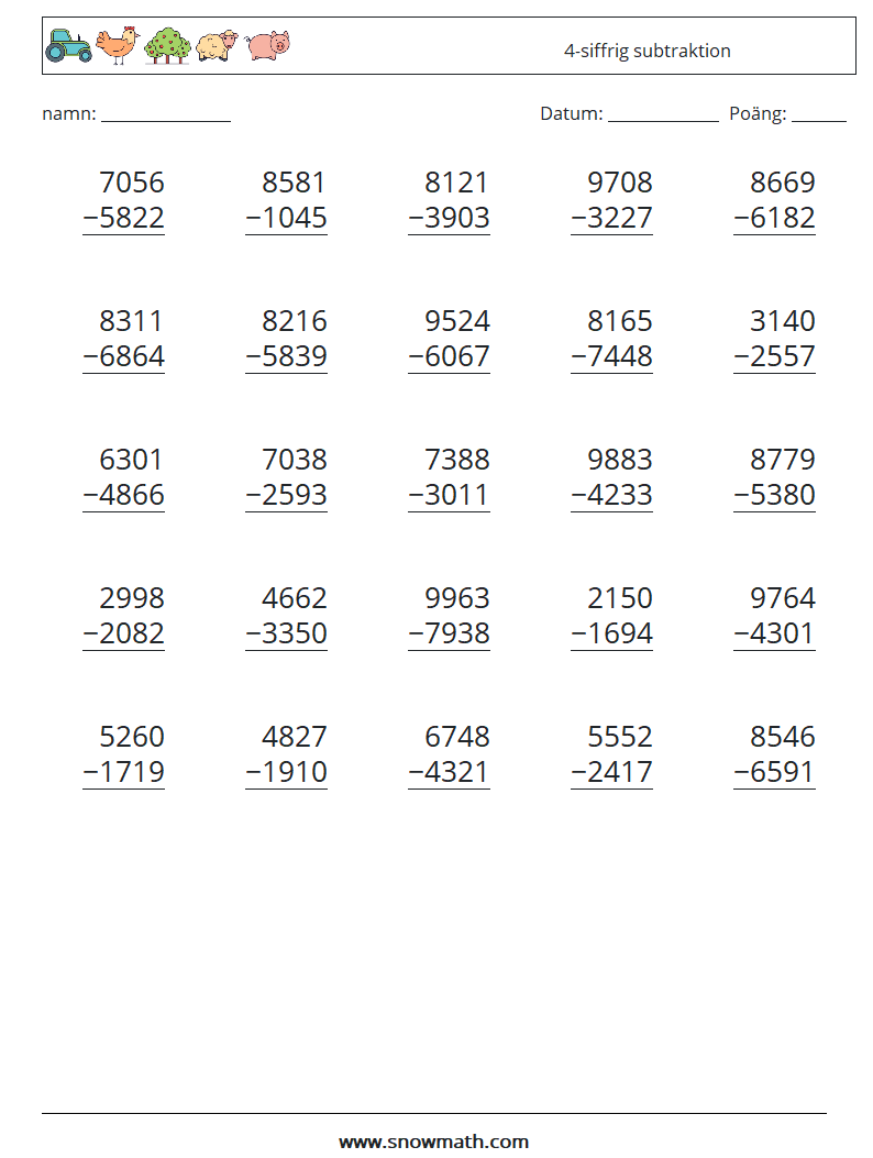 (25) 4-siffrig subtraktion Matematiska arbetsblad 14