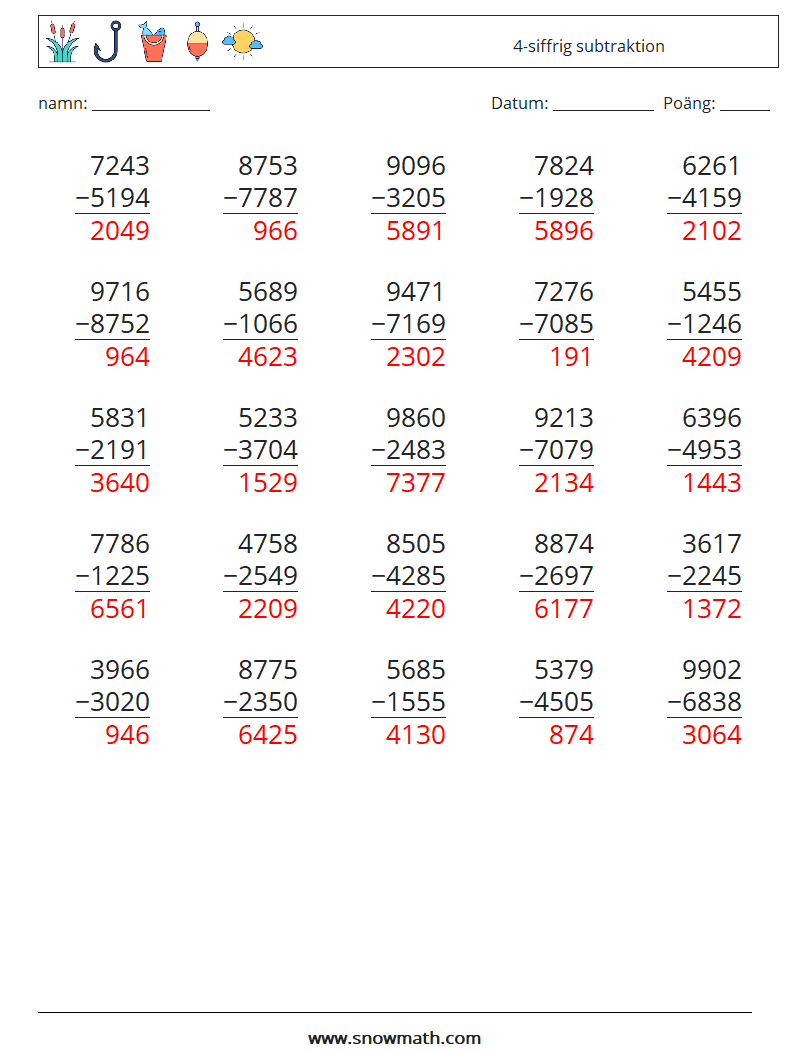 (25) 4-siffrig subtraktion Matematiska arbetsblad 16 Fråga, svar