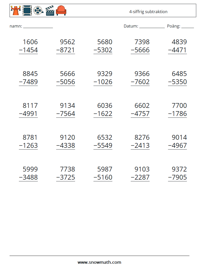 (25) 4-siffrig subtraktion Matematiska arbetsblad 17