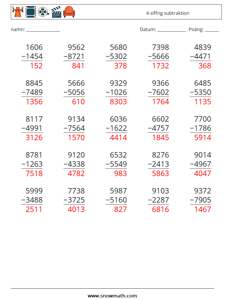 (25) 4-siffrig subtraktion Matematiska arbetsblad 17 Fråga, svar