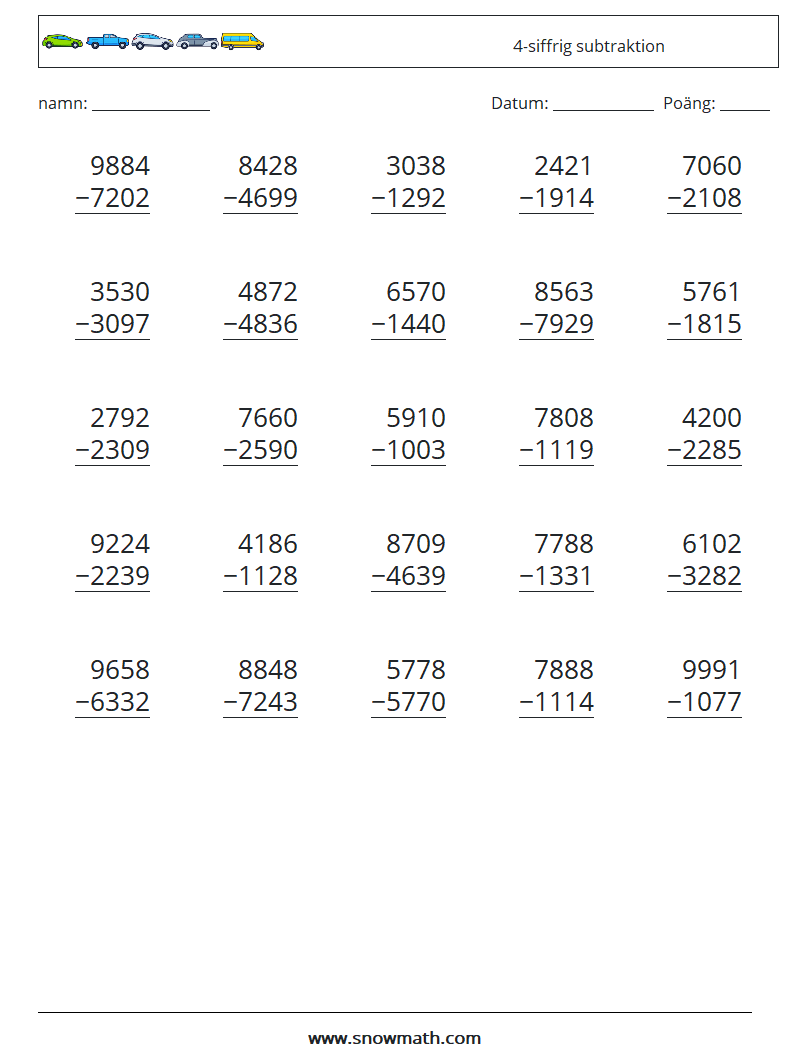 (25) 4-siffrig subtraktion Matematiska arbetsblad 18