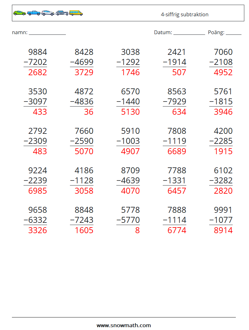 (25) 4-siffrig subtraktion Matematiska arbetsblad 18 Fråga, svar