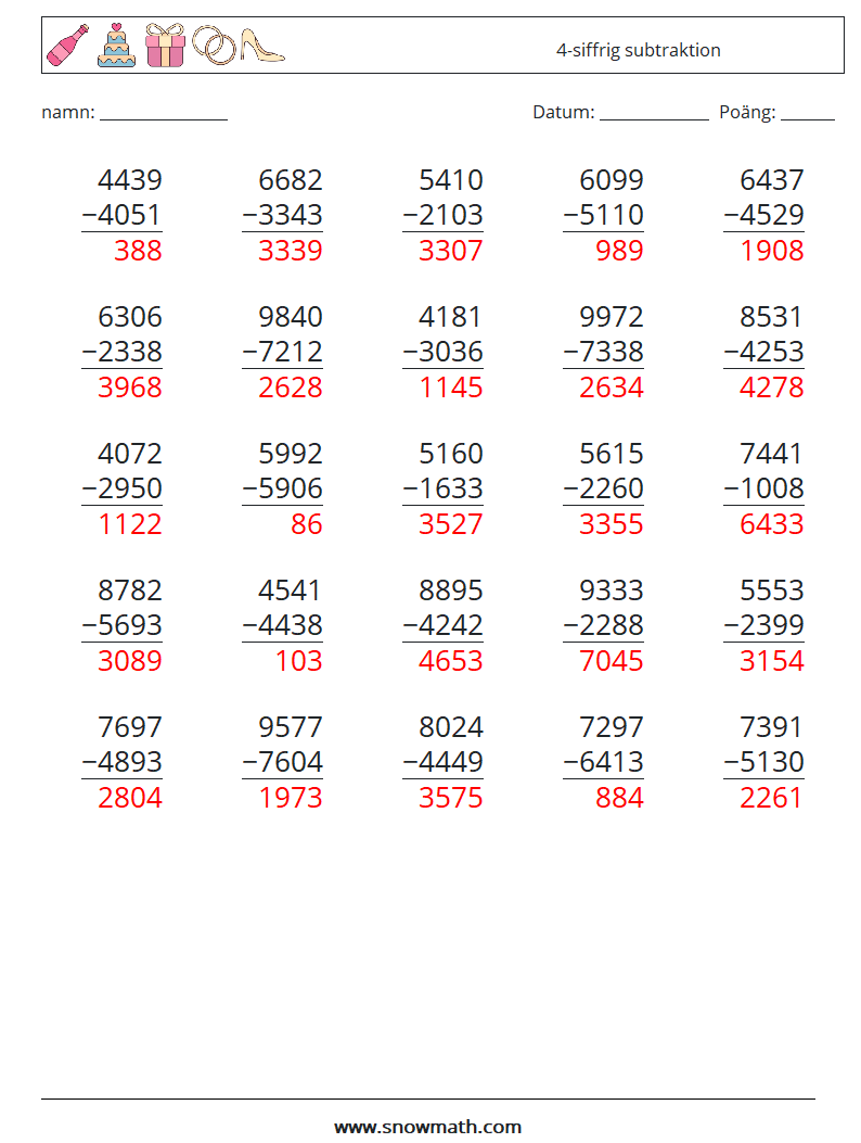 (25) 4-siffrig subtraktion Matematiska arbetsblad 1 Fråga, svar