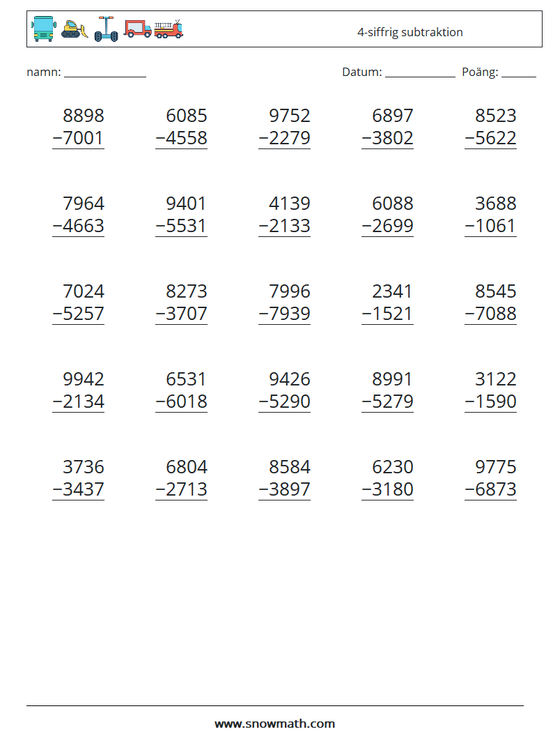 (25) 4-siffrig subtraktion Matematiska arbetsblad 2