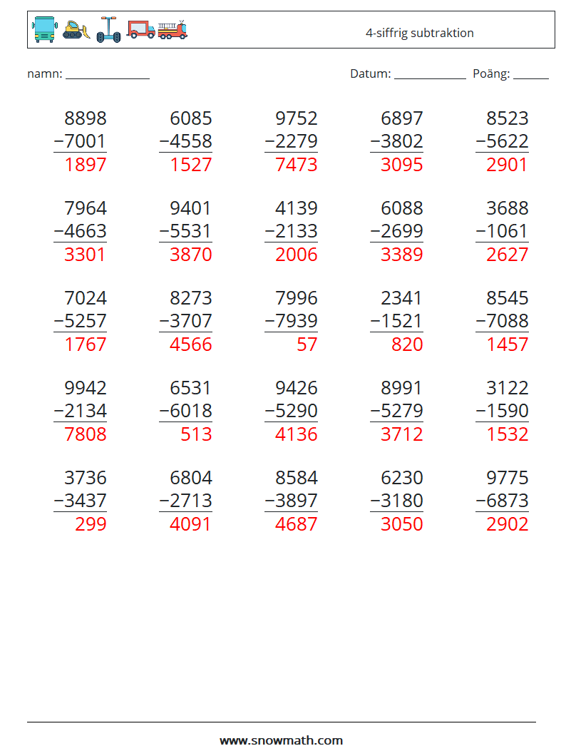 (25) 4-siffrig subtraktion Matematiska arbetsblad 2 Fråga, svar