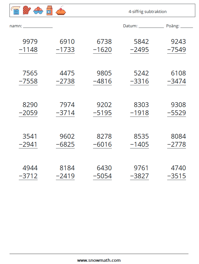 (25) 4-siffrig subtraktion Matematiska arbetsblad 3